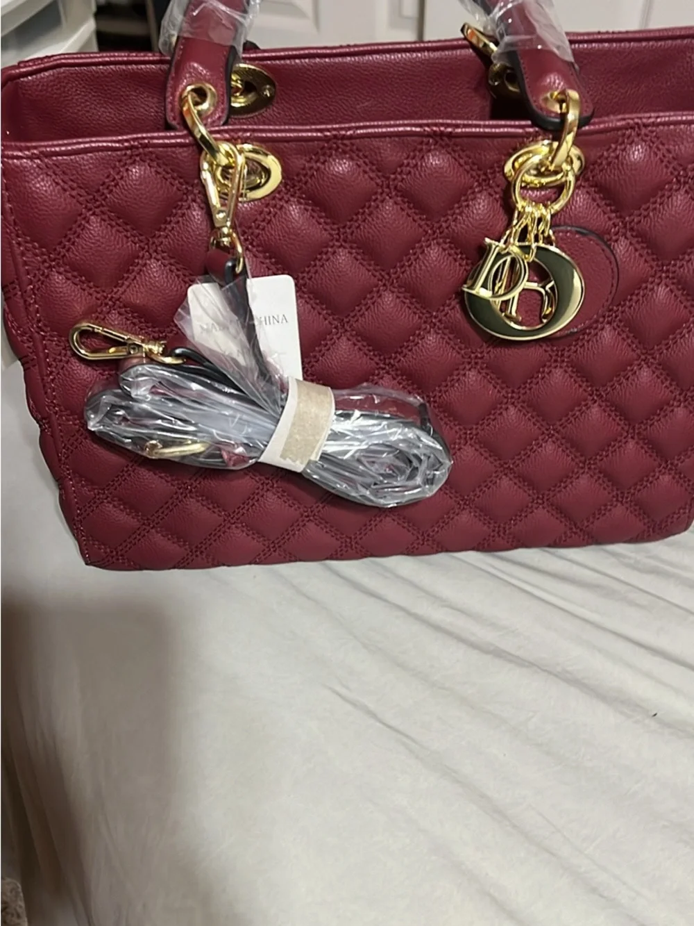 Quilted Burgundy Leather Tote with Gold Hardware - Unbranded